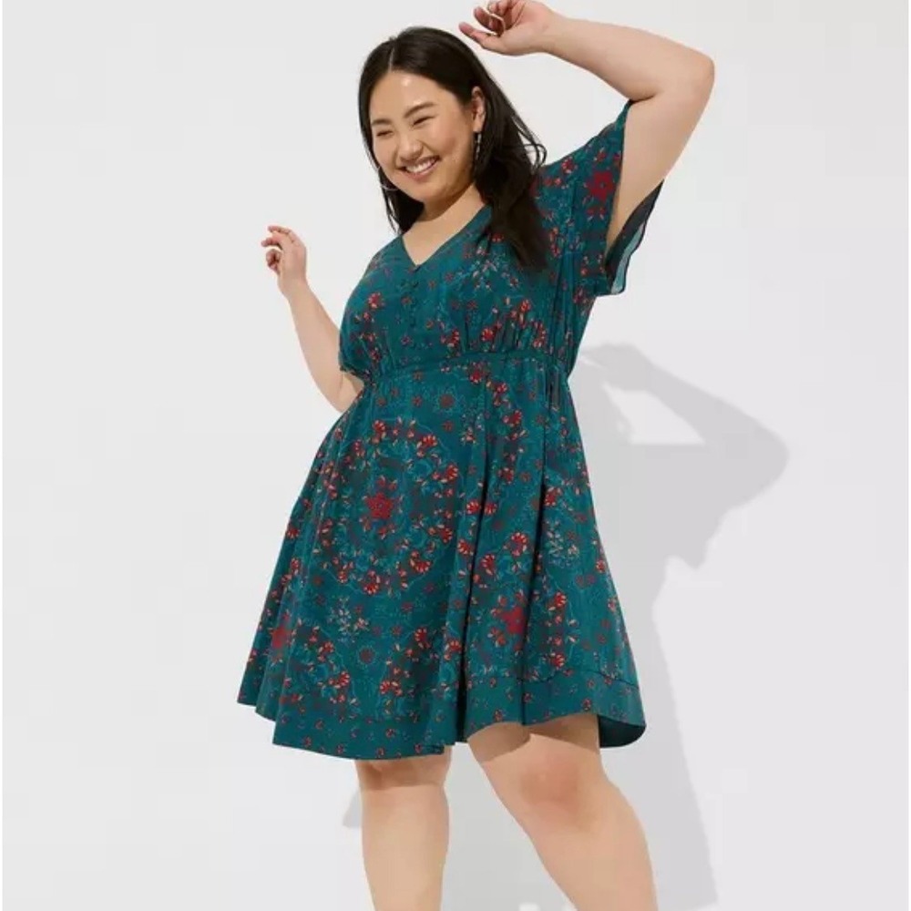 Torrid Plus 3X Floral Print Teal Green V Neck Button‎ Front Knee Length Dress